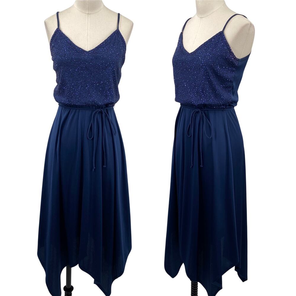 Vintage 70s Glittered Dot Bodice Hanky Hem Dress Midi V Neck Fairy Navy Blue XS